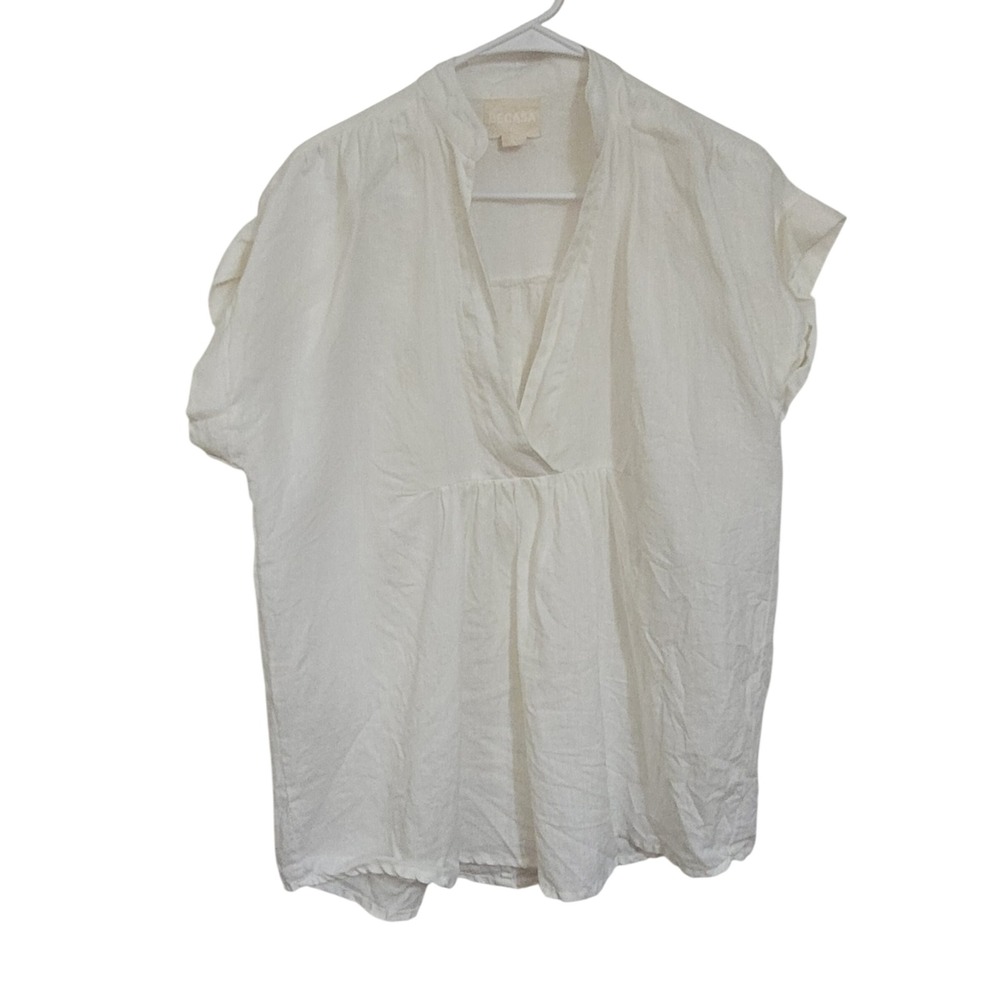 Becasa White 100% Linen V-Neck Tunic Top Short Sleeve Oversized Blouse Size S